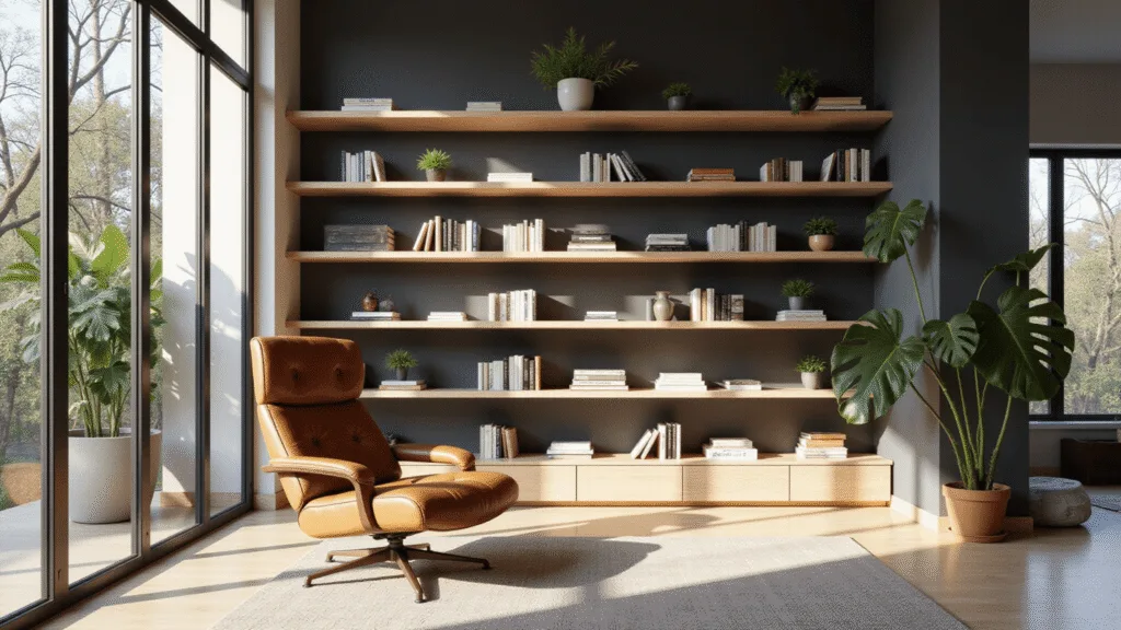 "Modern home library with white oak floating shelves, a cognac leather chair, monstera plants, and floor-to-ceiling windows"