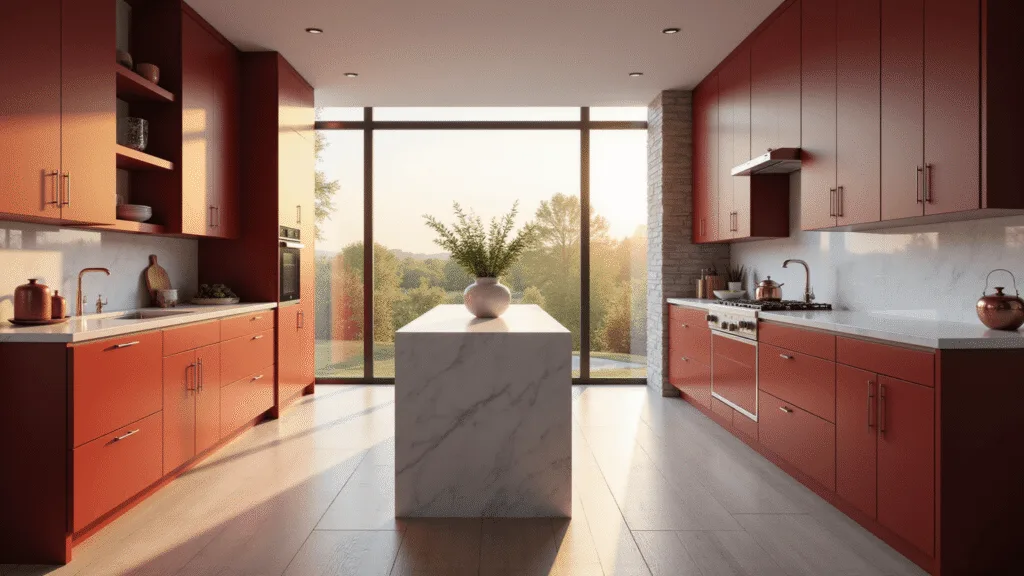 "Modern kitchen with red cabinets, white quartz waterfall island, and golden sunlight streaming through large windows"