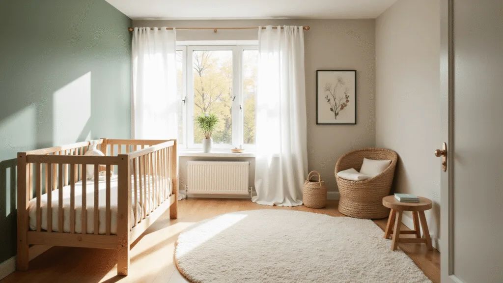 "Scandinavian-inspired nursery with greige walls, sage green accent, wooden crib, cream wool rug, reading nook, and morning sunlight"