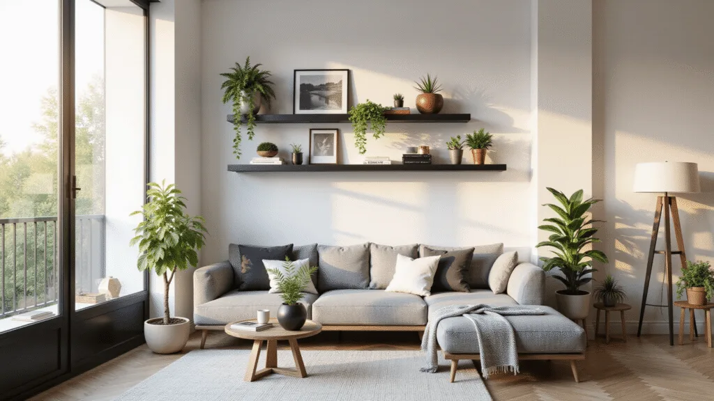 "Bright, minimalist studio apartment with floating shelves, a gray sectional sofa, brass accents and houseplants, bathed in natural sunlight"