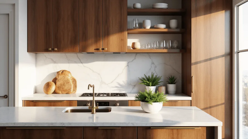 "Modern luxury walnut kitchen with white quartz countertops and brass hardware in natural morning light"