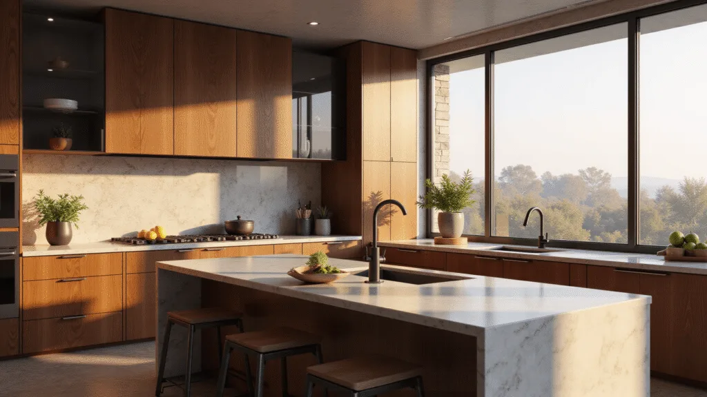 "Photorealistic 8k image of a modern luxury kitchen with walnut cabinetry, black hardware, and a marble island, bathed in golden sunlight coming through large windows"