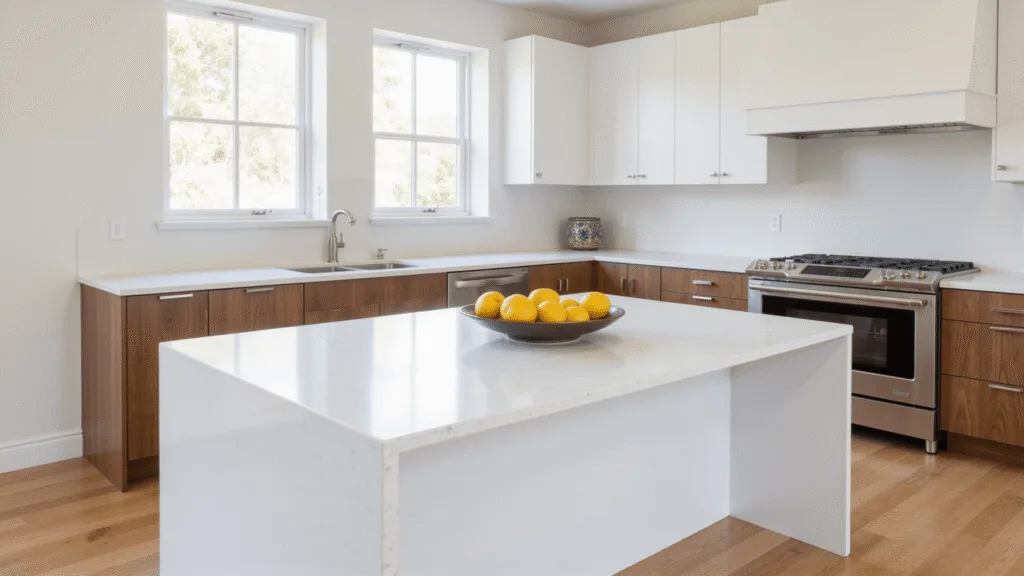 "Sunlit modern white and walnut kitchen with quartz countertop, fresh lemons in a ceramic bowl on oak flooring"