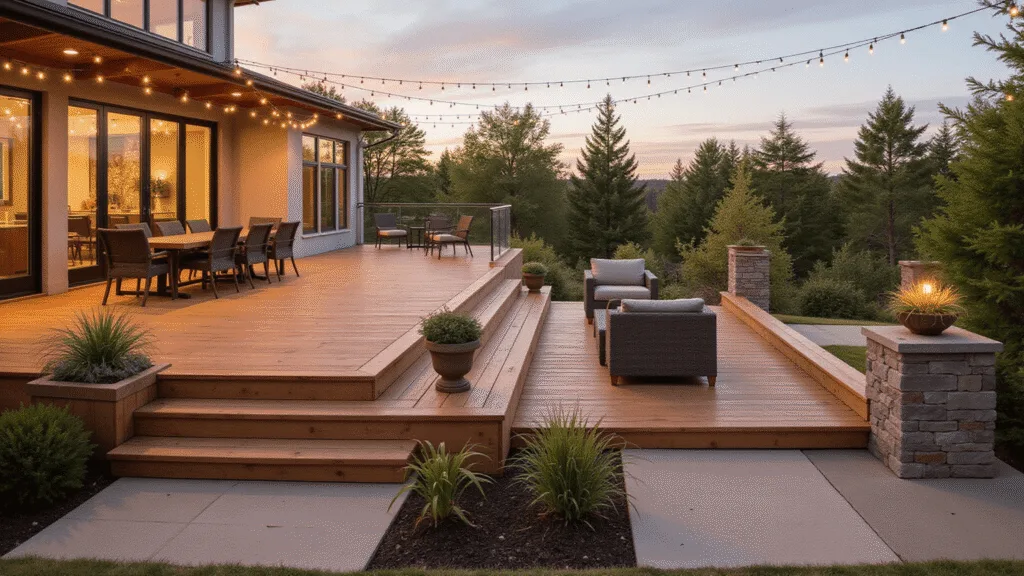"Multi-level cedar deck with modern outdoor furniture, string lights, glass railings, and zen garden features during golden hour"