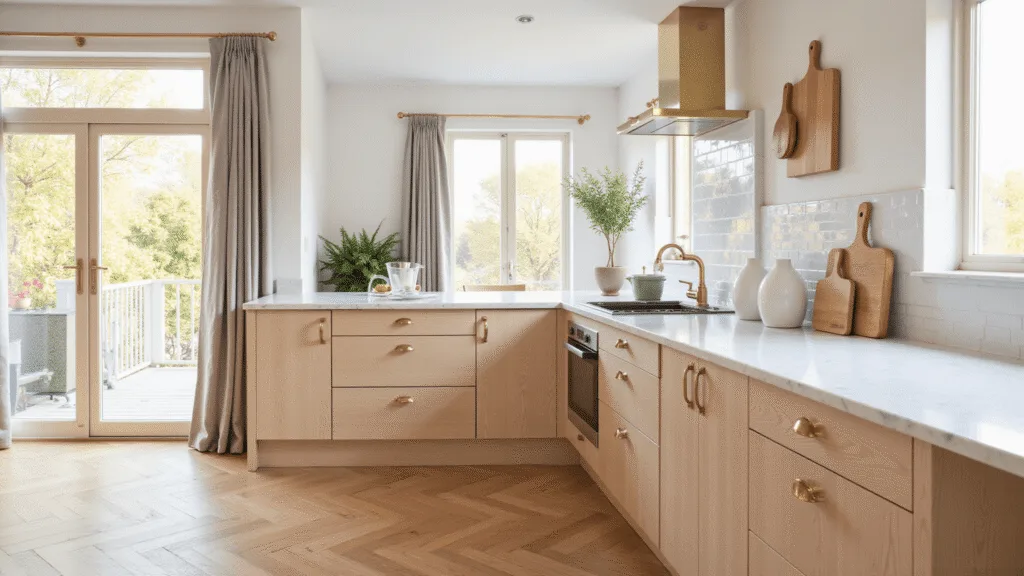 "Sunlit modern kitchen with pale oak cabinets, white marble countertops, brass accents, herringbone wood floors, and organic styling elements"