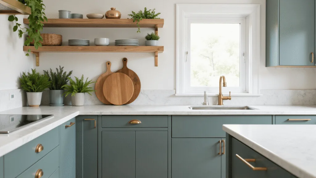 "Modern kitchen with pewter green cabinets, white marble countertops, brass hardware, and natural wooden accents bathed in soft morning light"