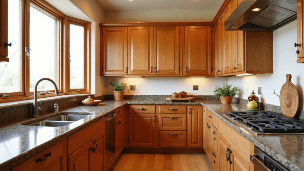 "Luxurious red oak kitchen with warm lighting, granite countertops, terracotta herb pots and copper accents"