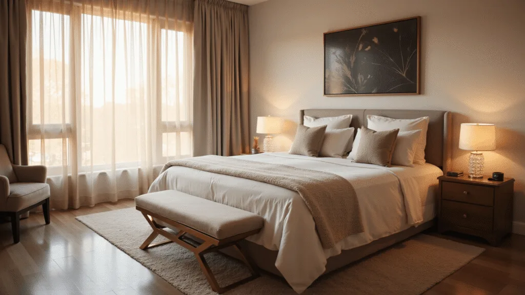 "Luxurious master bedroom with king-size bed, brass accents, and warm golden light filtering through sheer curtains"