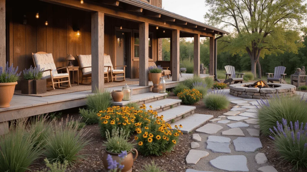 "Rustic wooden porch with rocking chairs and pots of lavender, stone fire pit with Adirondack chairs, flagstone pathways leading to a garden with wildflowers, lit by string lights and mason jar lanterns at dusk."