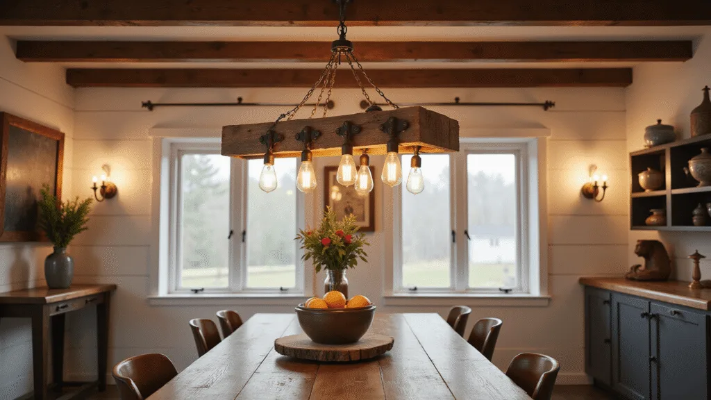 "Rustic farmhouse kitchen with woodenbeam chandelier over dining table, illuminated by warm ambient glow from Edison bulbs during golden hour"