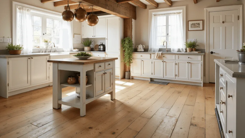 "Sunlit farmhouse kitchen with honey-toned oak flooring, copper pots, white cabinets, and fresh herbs on a weathered windowsill"