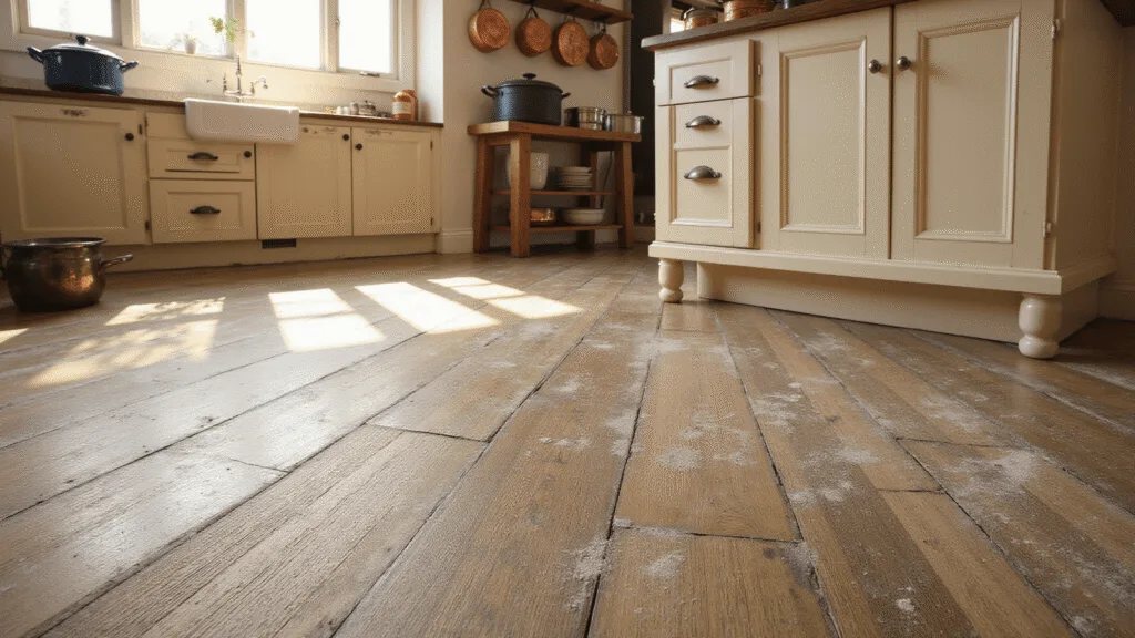 "Sunlit farmhouse kitchen featuring weathered oak flooring, vintage copper pots, cream cabinets and a flour-dusted island countertop with fresh herbs"