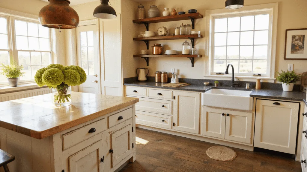 "Sunlit farmhouse kitchen with cream shaker cabinets, vintage decor, butcher block island with hydrangeas, hanging copper pots, and open wooden shelves with antique crockery."