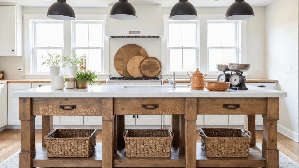 "Reclaimed wood kitchen island with marble waterfall countertop in a farmhouse, accented with vintage pots, fresh herbs in white vases, and woven baskets, under natural morning sunlight."