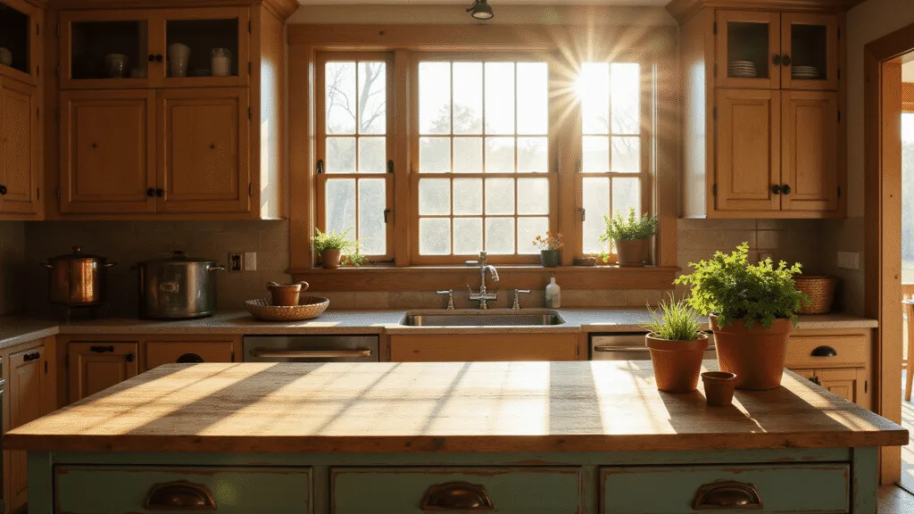 "Sunlit rustic kitchen with distressed oak cabinets, vintage copper cookware, fresh herbs, and a weathered wooden island during golden hour"