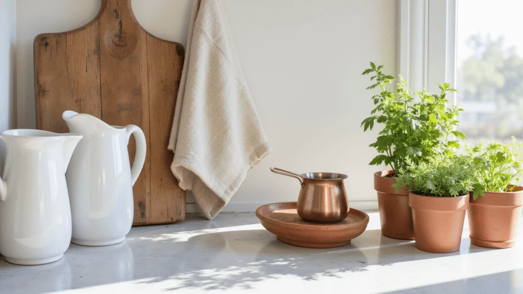 "Vintage styled farmhouse kitchen with ceramic pitchers, copper cups and wooden cutting boards on a marble countertop"