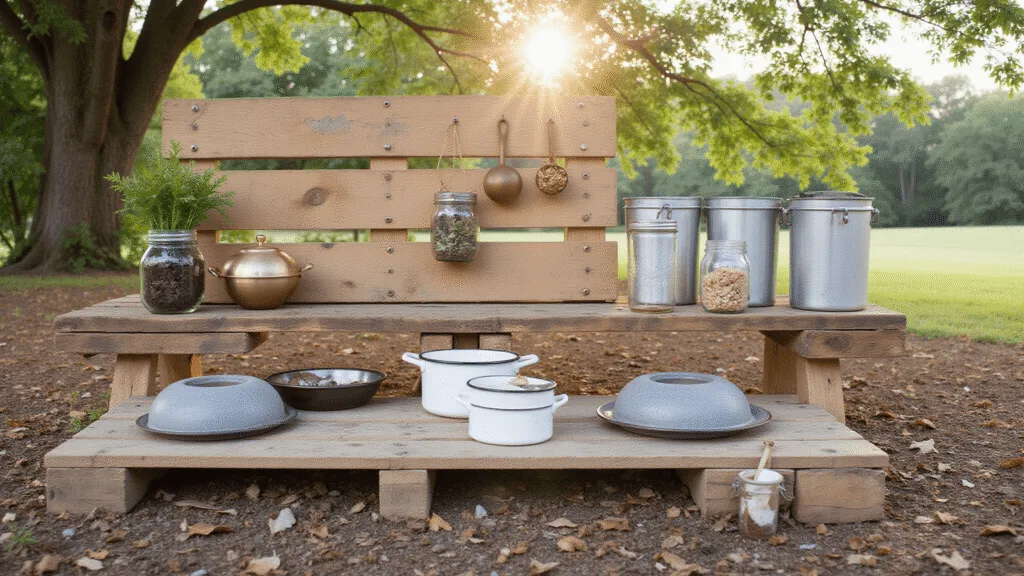 "Rustic outdoor mud kitchen with wooden pallets, vintage pots, mason jars, hanging utensils, and potted herbs in warm sunset light"