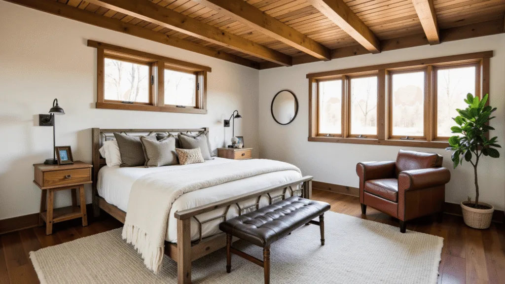 "Rustic woodland guest room with exposed beams, queen bed with cream bedding, oak nightstands, leather armchair, and potted fiddle leaf fig in warm natural lighting."