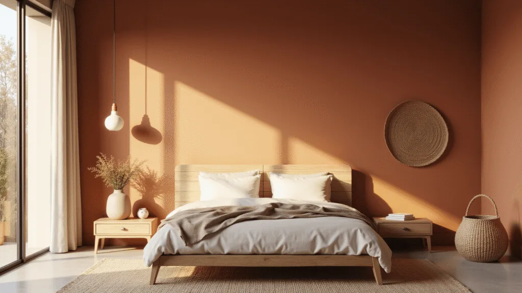 "Serene bedroom sanctuary with terracotta walls, a minimalist platform bed, natural linen bedding, vintage oak nightstands and ceramic pendant lighting, bathed in golden hour light"