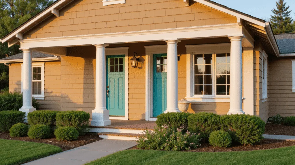 "Tan craftsman style house with a teal front door, white columns, bathed in golden sunlight amidst verdant greenery"