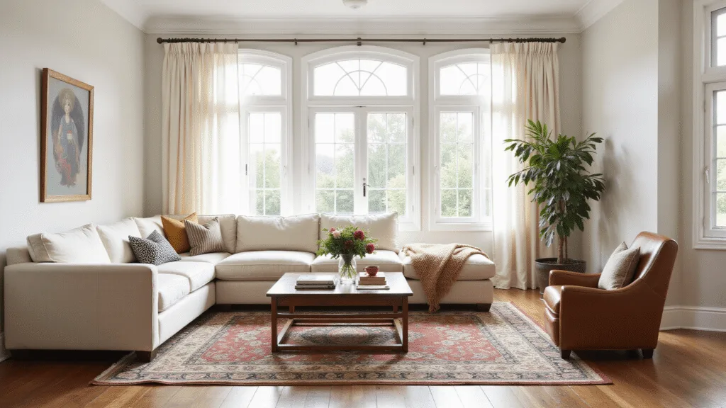 "Elegant Georgian living room with cream linen sofa, hardwood floors, Persian rug, and cognac leather accent chair, bathed in morning light."