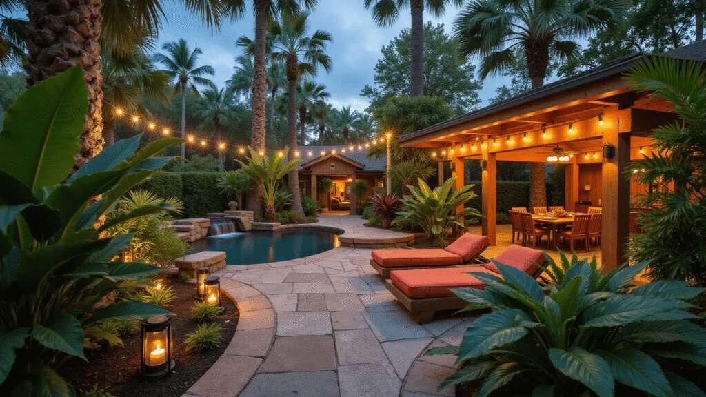 "Tropical backyard paradise with lush greenery, stone pathway, wooden deck, water feature and ambient lighting"