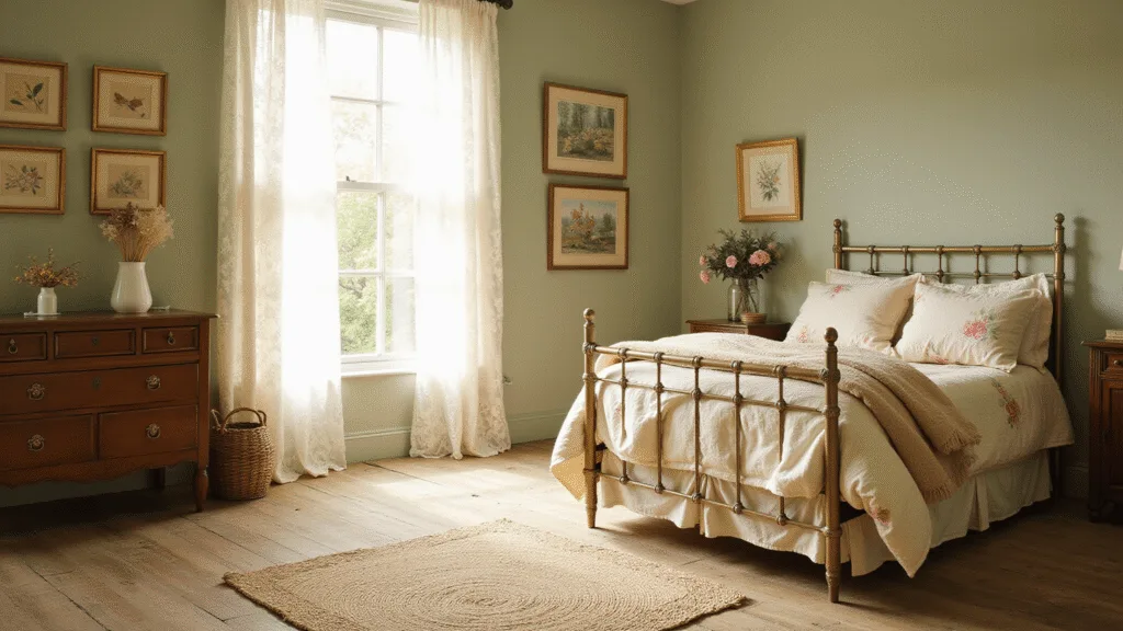 "Antique brass bed with cream quilts in a vintage cottage bedroom with lace curtains, botanical prints, and vintage accents in soft morning light."