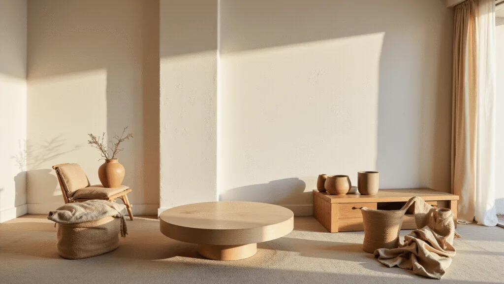 "Warmly lit Japandi-style living space with bone white textured walls, handmade ceramic vessels, vintage oak furniture and natural linen curtains in golden hour light"