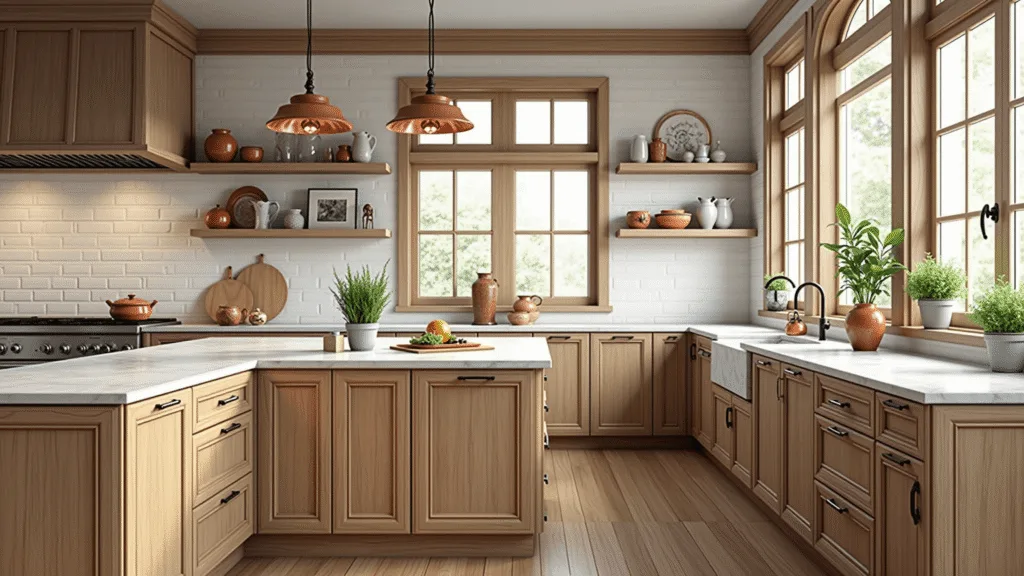 "Sunlit farmhouse kitchen with hickory cabinets, marble countertops, copper pendant lights, and vintage accessories."