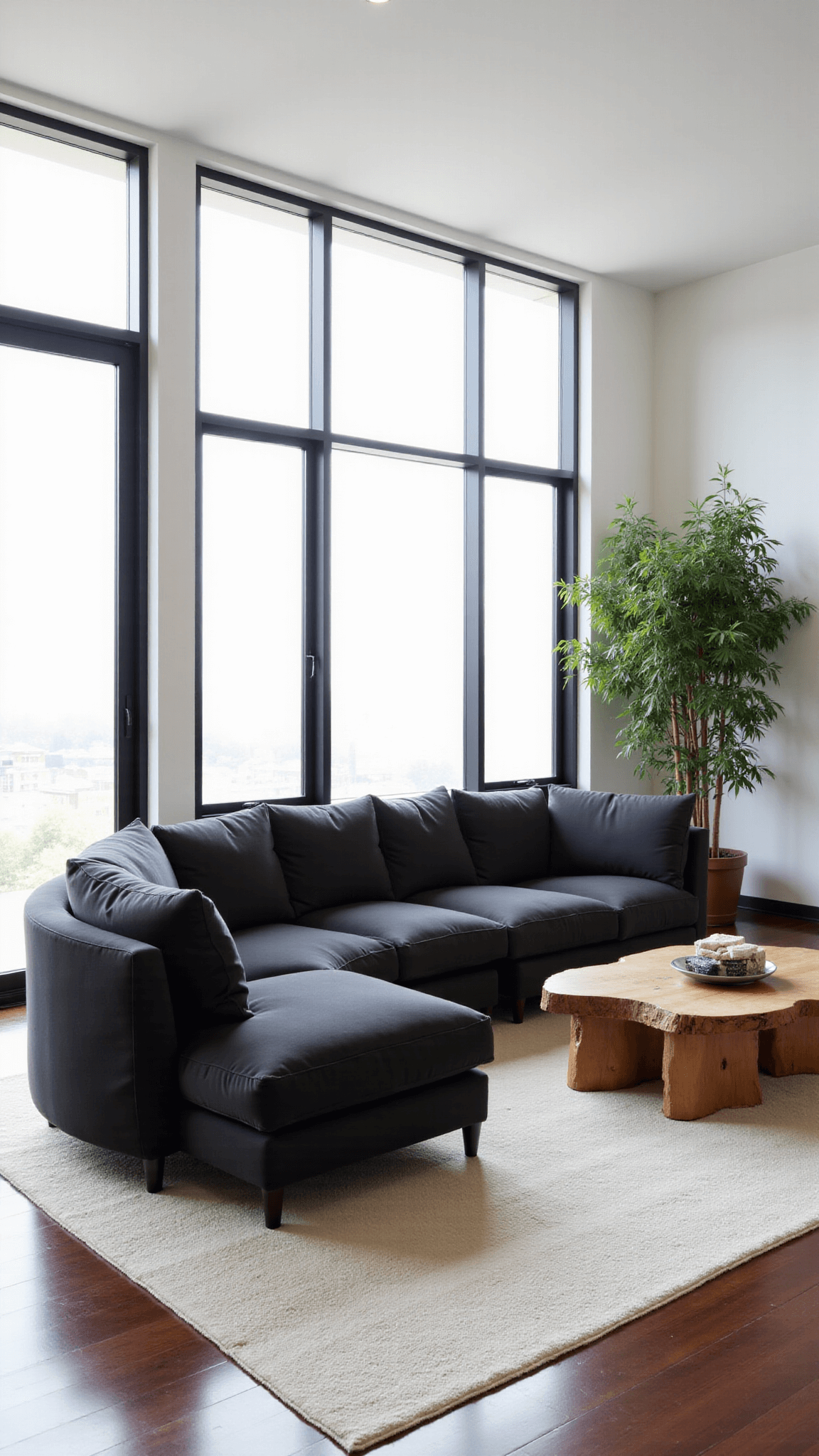 Spacious Japandi-inspired great room with oversized charcoal velvet sectional, raw edge wooden coffee table, geometric floor cushions, and potted bamboo, bathed in soft morning light from east-facing windows.