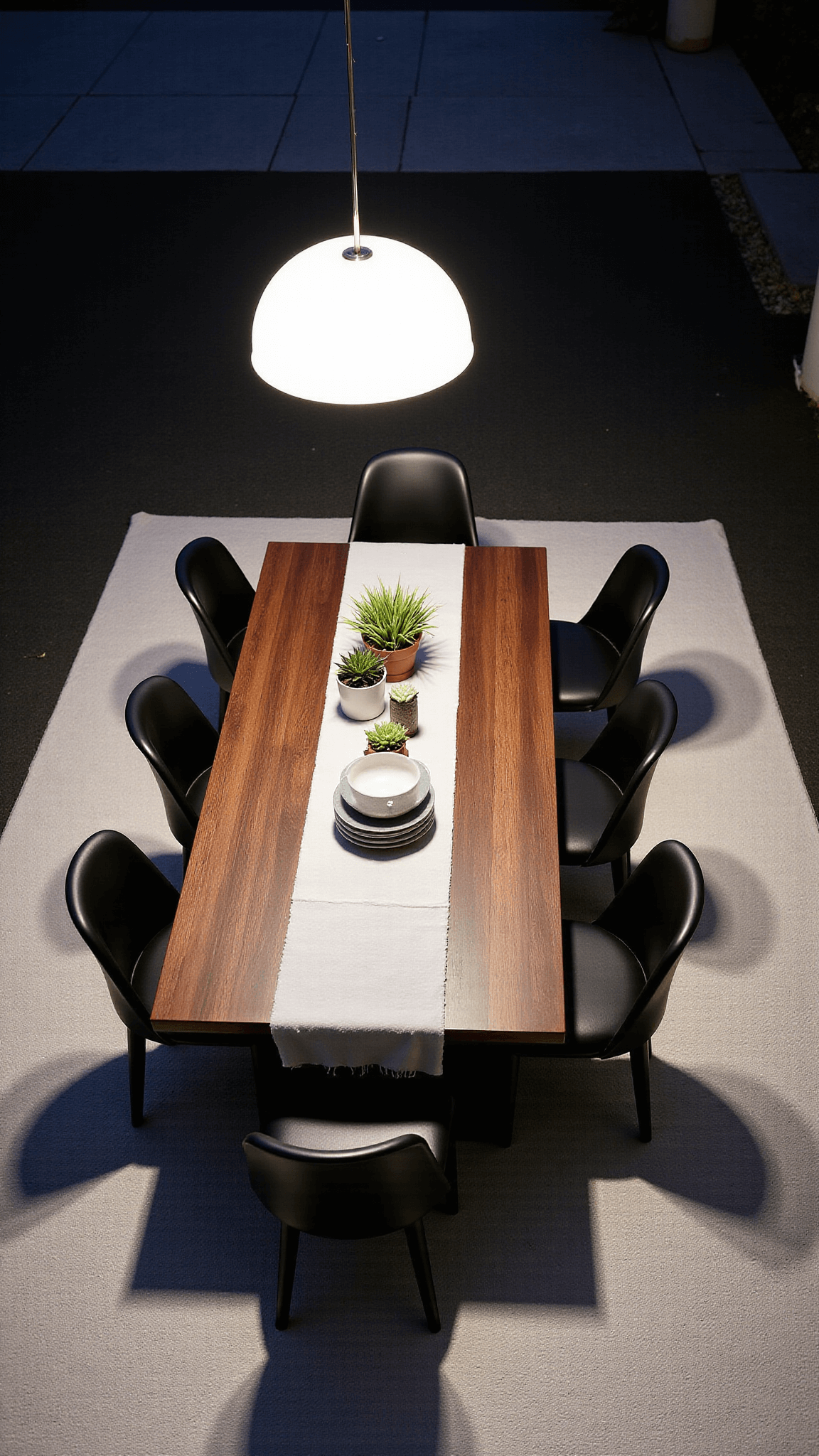 Bird's eye view of a modern 15x18ft dining room with Japandi rug, black walnut table, six chairs, ceramic dinnerware, linen table runner, potted plants and moody evening lighting.