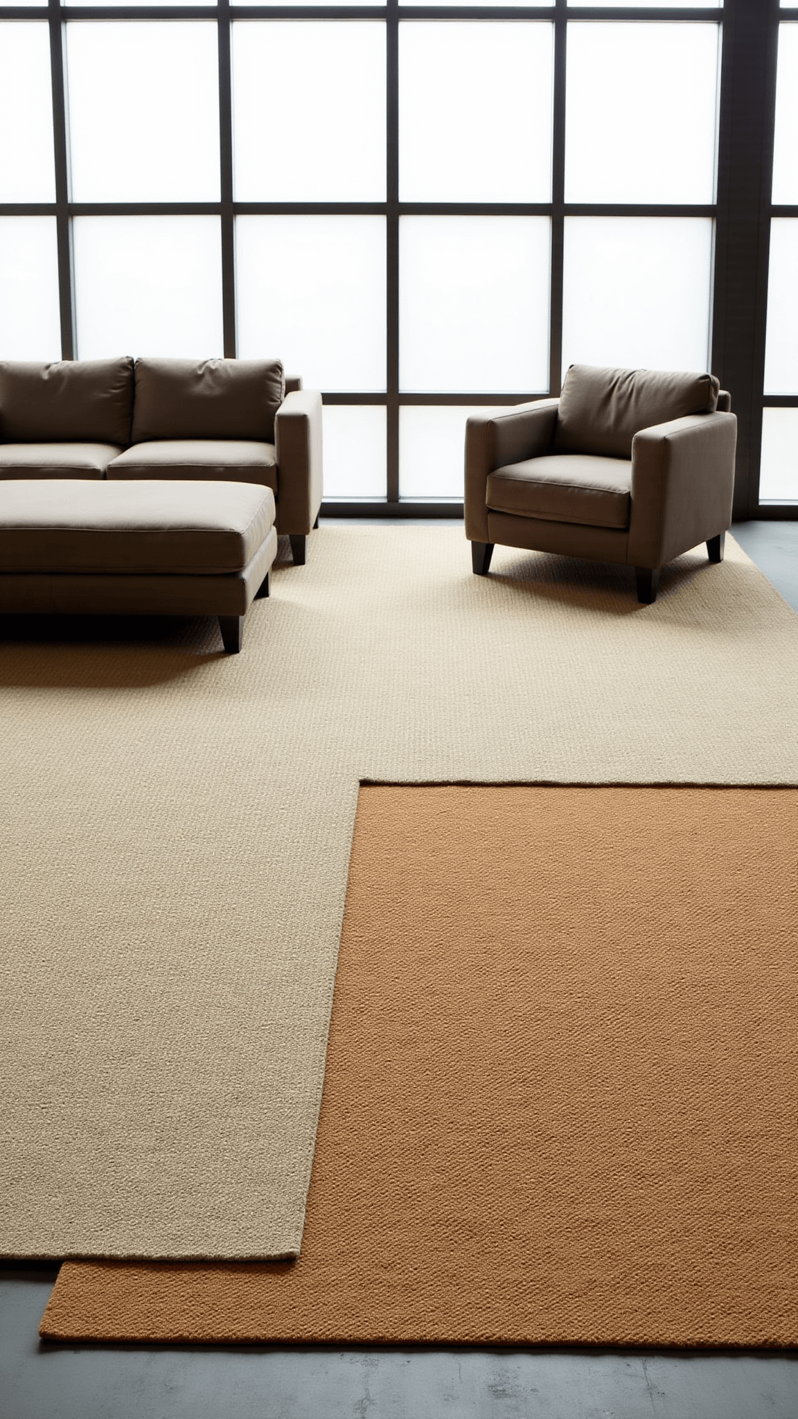 Open concept living space with overlapping Japandi rugs in earth tones, modular seating, and frosted windows allowing diffused midday light highlighting the texture layers of wool, jute, and bamboo