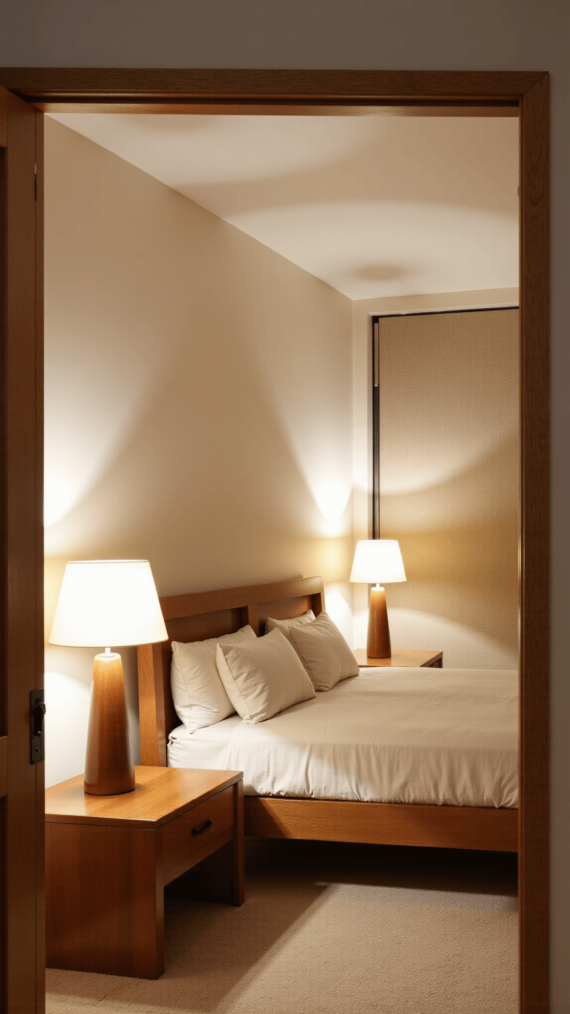 Master bedroom decorated with cream, sand, and pale grey color scheme featuring wooden table lamps, platform bed, and rice paper sliding panels, accentuated by natural and artificial lighting sources.
