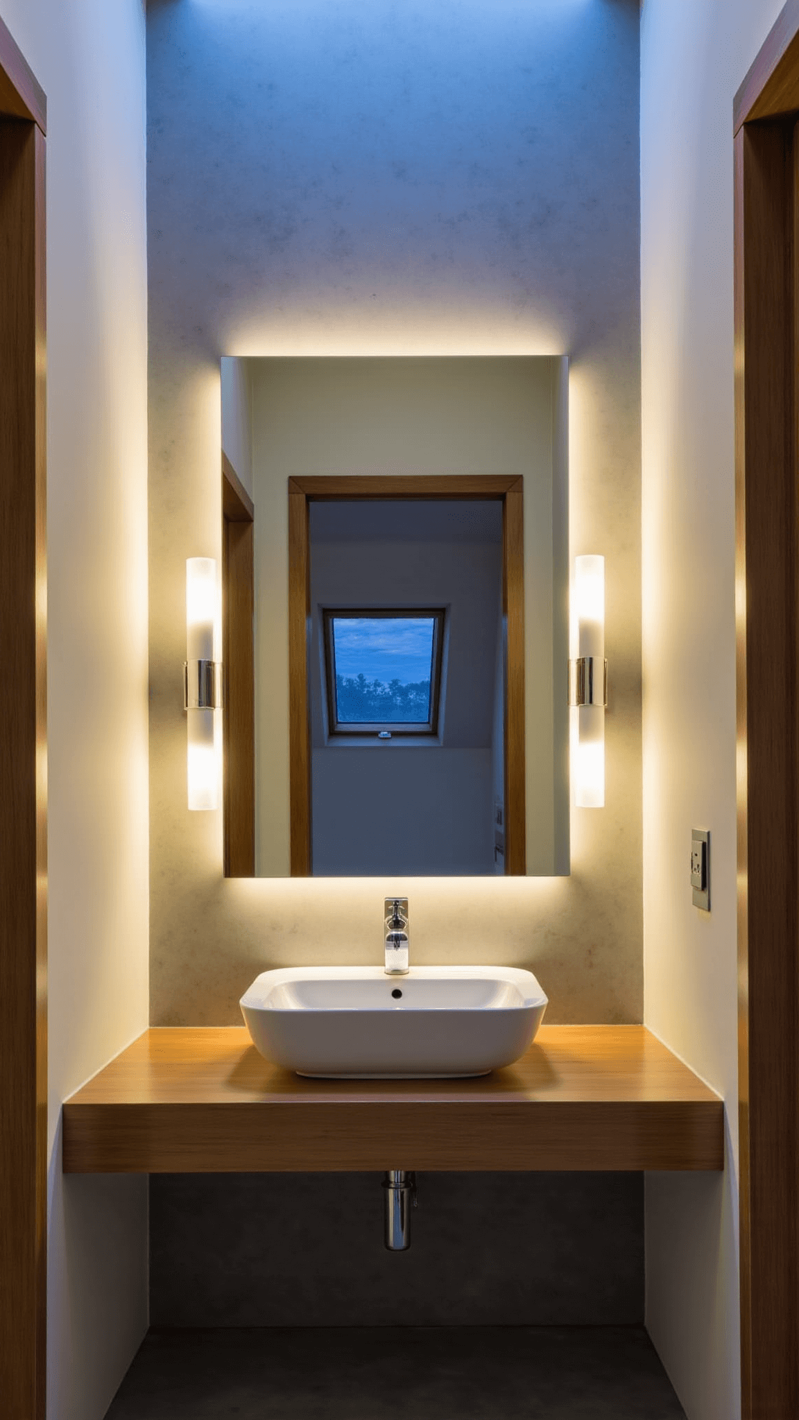 Twilight view of a small bathroom sanctuary featuring a backlit floating mirror, frocked glass sconces, concrete and teak materials, and a skylight providing natural illumination.