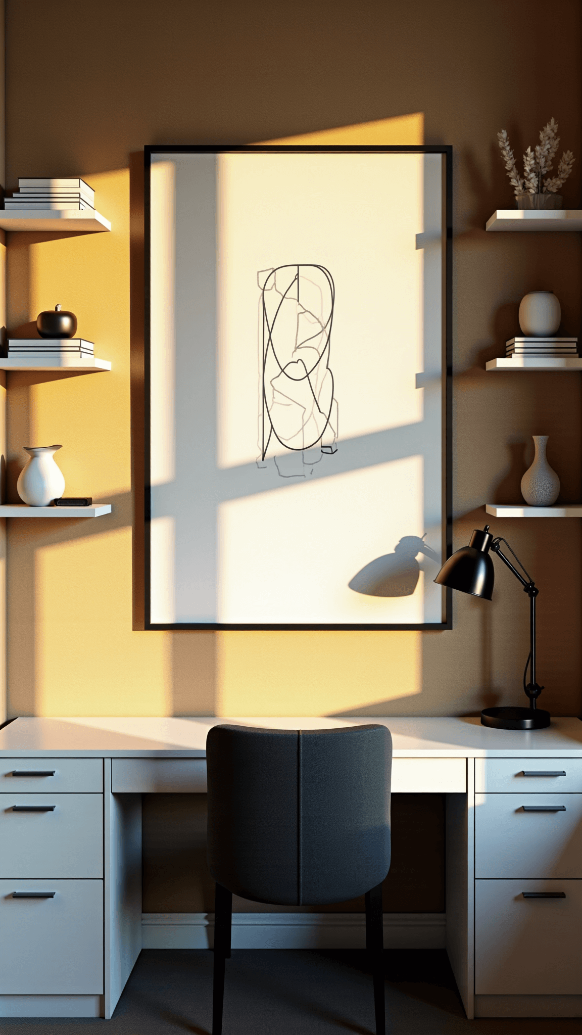 Golden hour lighting in a corner office nook with white oak desk, minimalist task lamp, charcoal linen chair, asymmetrical floating shelves displaying neutral-toned objects, taupe grasscloth wallpaper, and a large black and white line drawing on the wall.