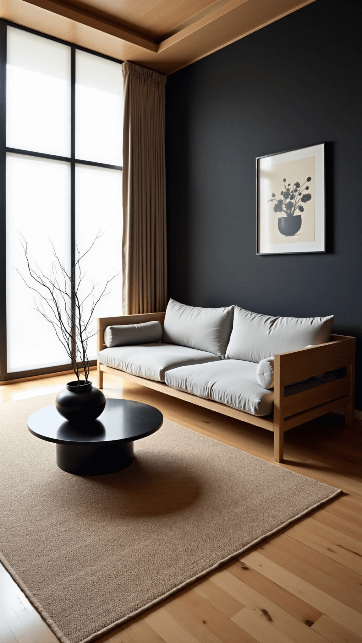 Sunny, serene living room with shoji screens, low-profile oak sofa, black coffee table, contrasting blonde wood floors and charcoal accent wall, Swedish woven cream rug, and a minimalist ikebana floral arrangement.