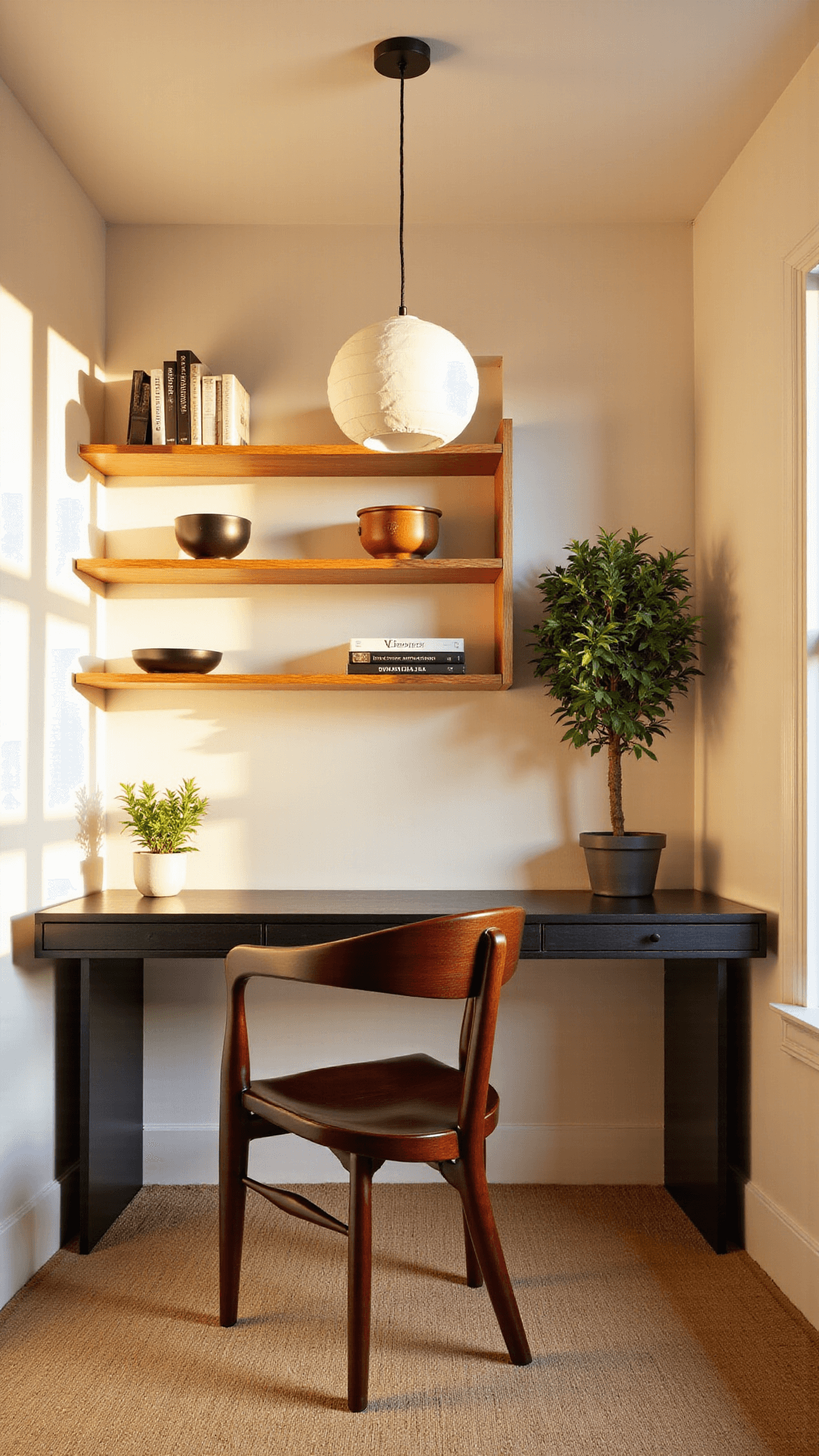 Cozy home office corner with streamlined black ash desk, built-in oak shelving, wooden chair, paper pendant lamp, and a potted Japanese maple, beautifully lit by golden hour sunlight.