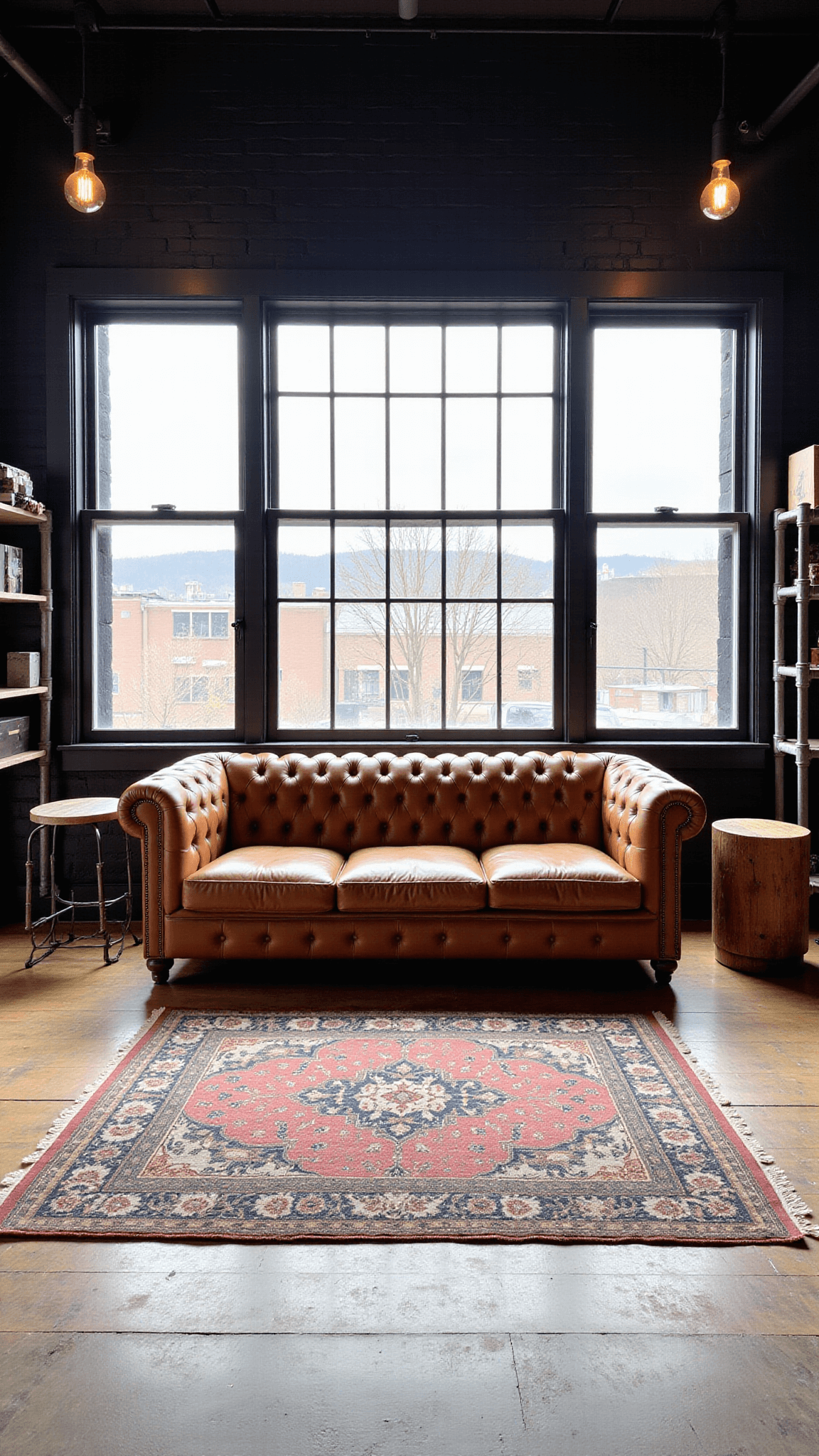Industrial-style room with matte black exposed brick, large warehouse windows, a cognac leather Chesterfield sofa, vintage Persian rug, wood and steel accent furniture, and Edison bulb fixtures.