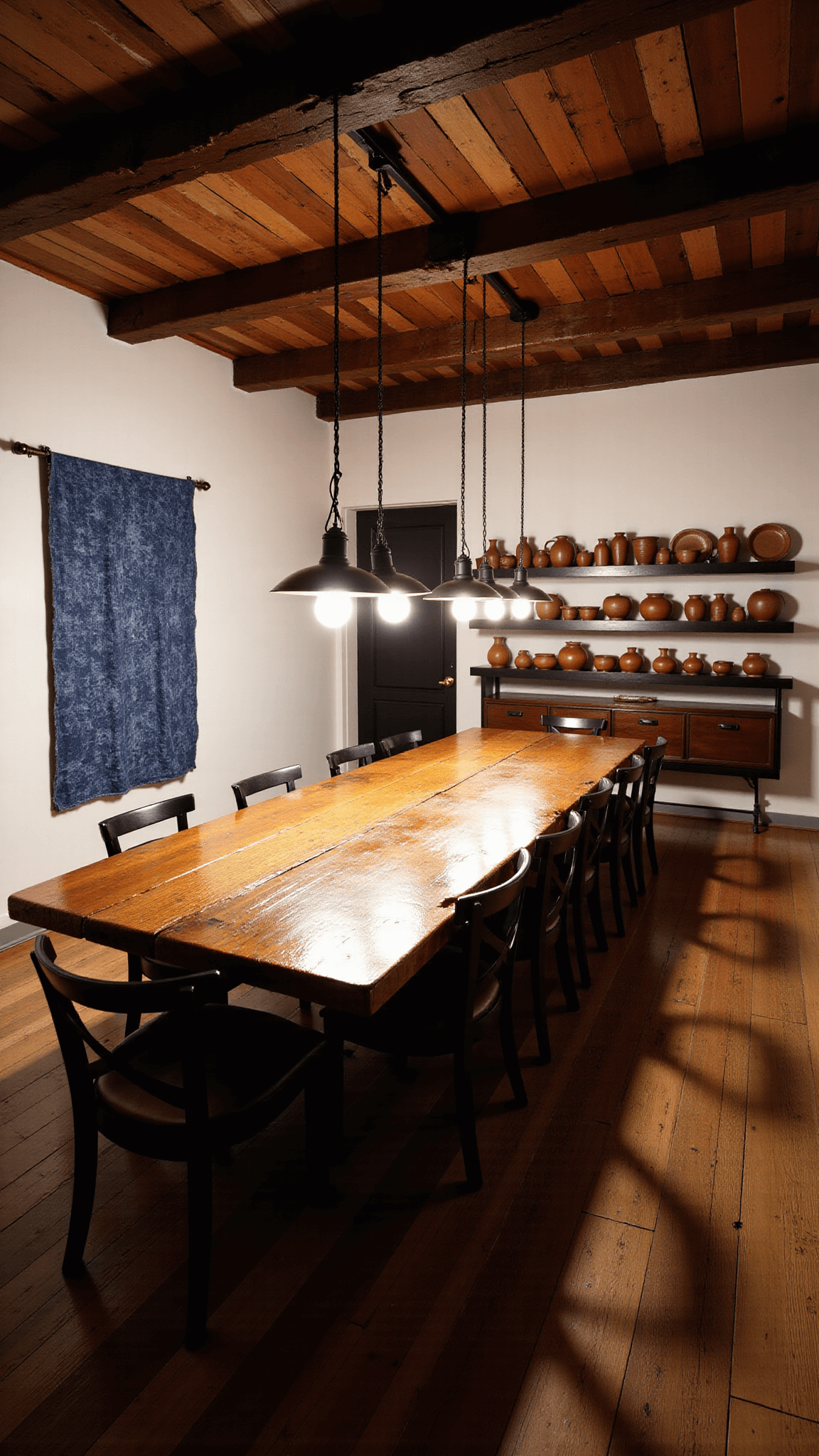 Twilight-lit private chef's dining room showcasing a communal oak table, vintage indigo textile wall art, hand-forged iron lighting with edison bulbs, and reclaimed timber flooring. A collection of earth-toned pottery adorns the shelves under exposed ceiling joists. Photo shot from an elevated position with a wide-angle lens, creating dramatic shadows.