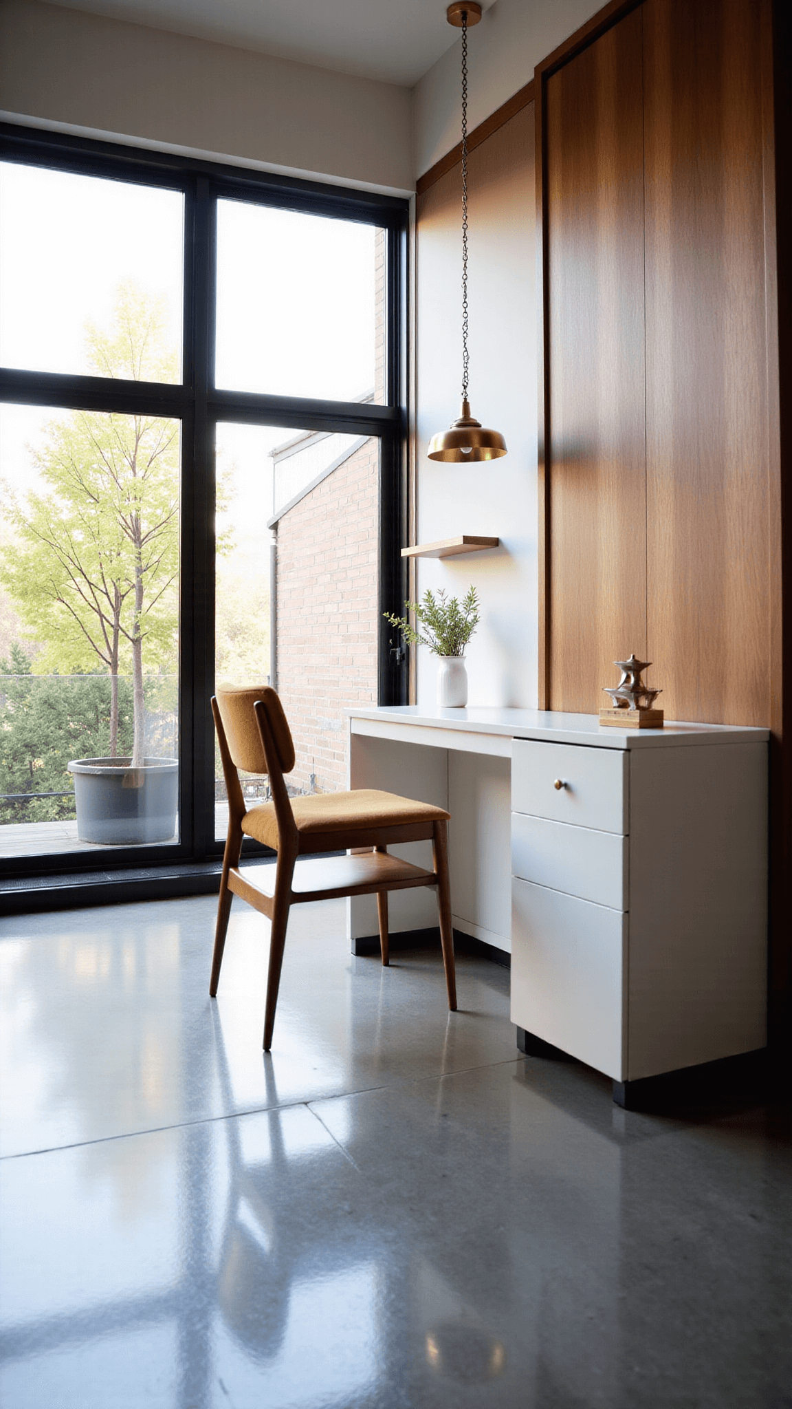 Modern prefab studio with floor-to-ceiling windows, polished concrete floors, built-in matte white desk, and a Murphy bed in walnut finish at dawn.