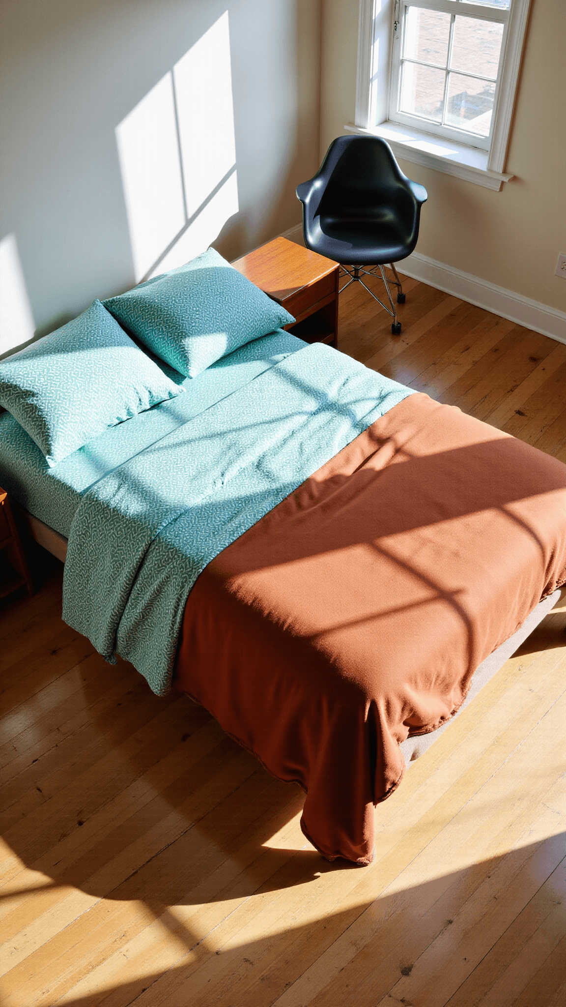 Overhead view of a sunlit guest bedroom with a queen bed dressed in teal geometric print sheets and a rust-colored quilted coverlet, surrounded by authentic 1960s bedside tables and an Eames molded plastic chair on white oak flooring.