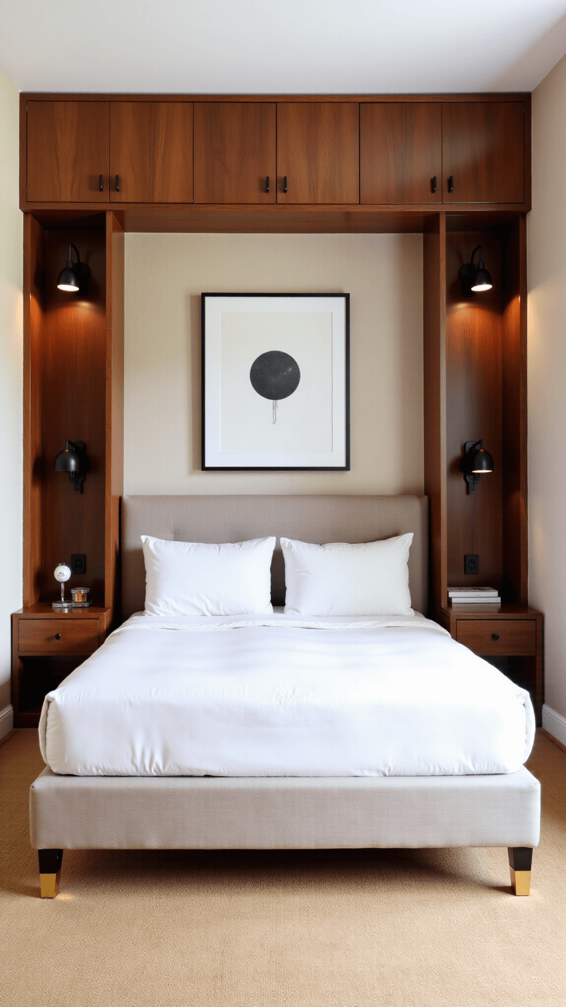 Luxurious 10x12ft MCM bedroom at midday featuring walnut headboard wall with storage, lighting, low-profile upholstered bed in greige linen with brass-capped legs and adjustable matte black wall sconces. Room decorated with minimal artwork in neutral tones, cork flooring, grasscloth wallpaper and handblown glass accents.