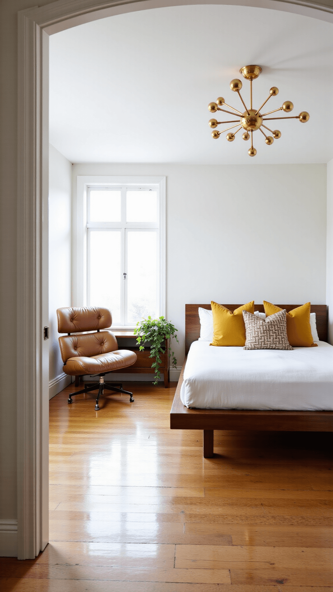 Spacious bedroom with morning light illuminating walnut platform bed, cognac leather Eames lounge chair, sculptural brass Sputnik chandelier, and white oak floors, adorned with mustard yellow geometric throw pillows and trailing pothos plant on a Nelson bench.
