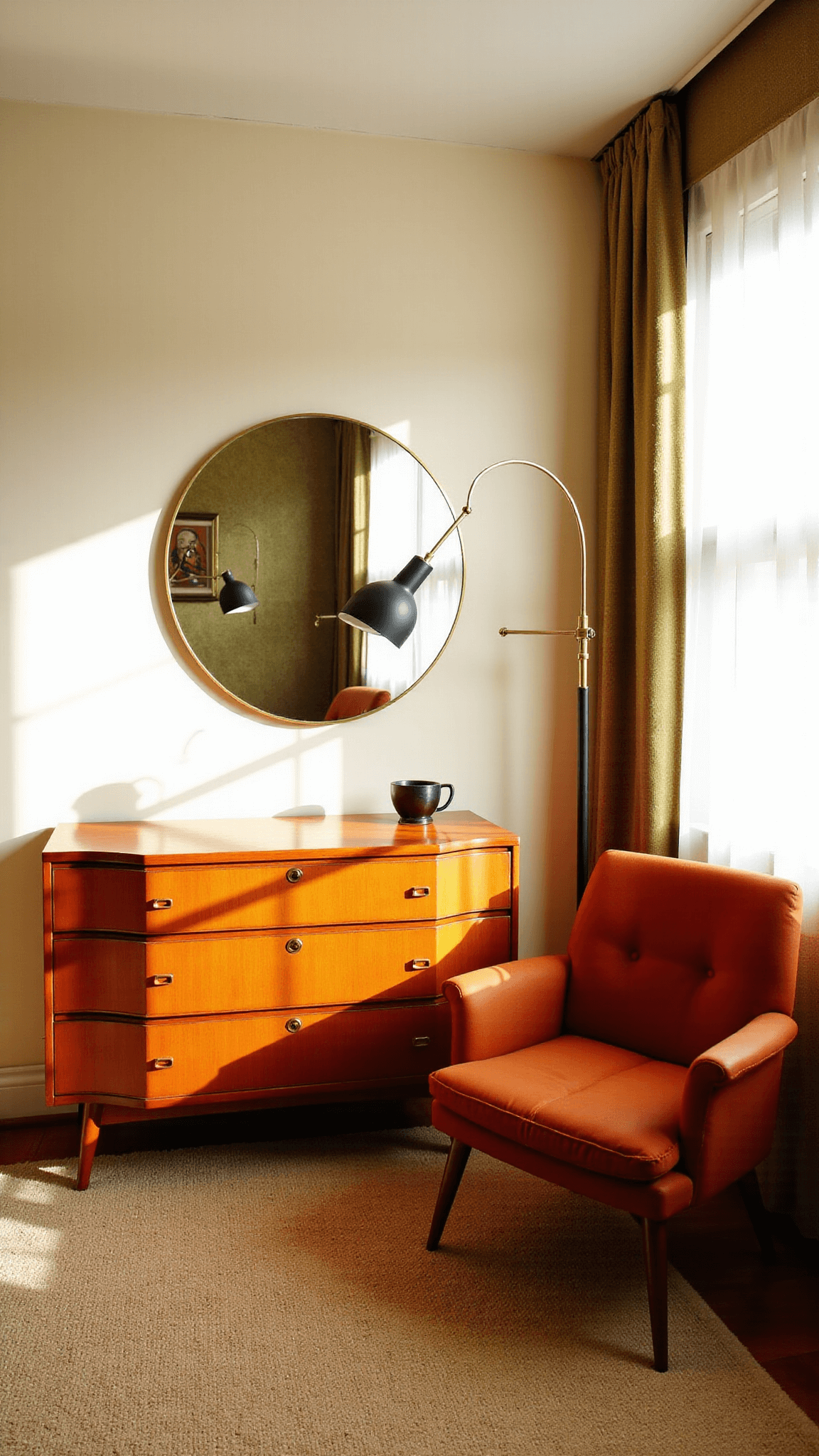 Mid-century sanctuary with Danish teak dresser, oversized mirror, and Arco lamp, featuring a burnt orange velvet chair, wool berber rug, and grasscloth wallpaper in cream, teak, and olive green palette, illuminated by late afternoon sun through sheer white curtains.