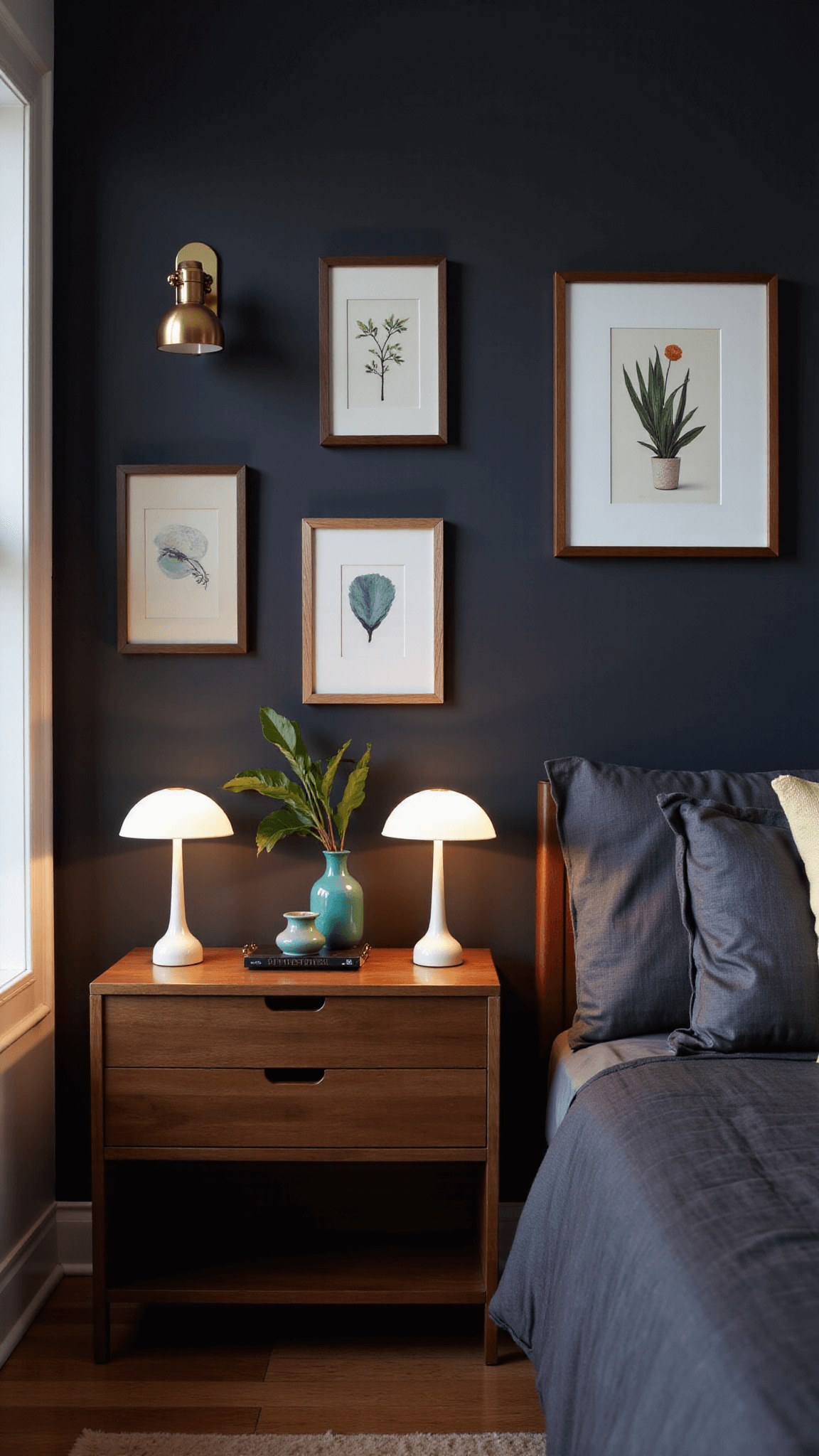 Moody lit bedroom corner at dusk, featuring geometric walnut nightstands, low-profile bed, mushroom lamps, and an asymmetrical gallery wall of abstract prints in brass frames, with color accents of charcoal, walnut, brass, and teal.