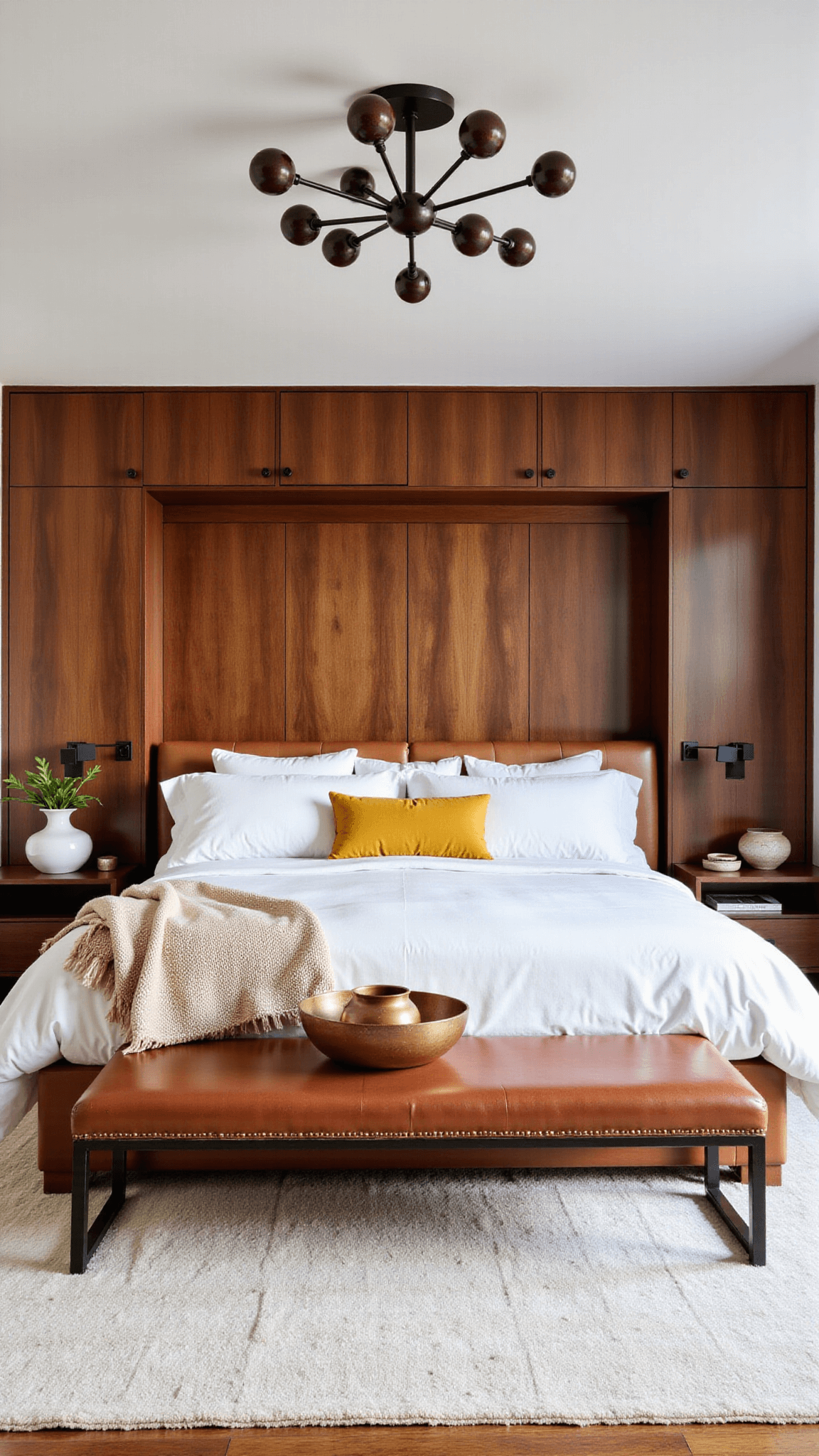 High noon view of a sunlit 15x18ft master bedroom featuring a built-in walnut storage wall, floating nightstands, and a dramatic off-center metal pendant cluster. Room includes linen bedding, a leather bench, wool throw, and ceramic vessels with a palette of warm white, rich walnut, mixed metals, and mustard yellow accents.
