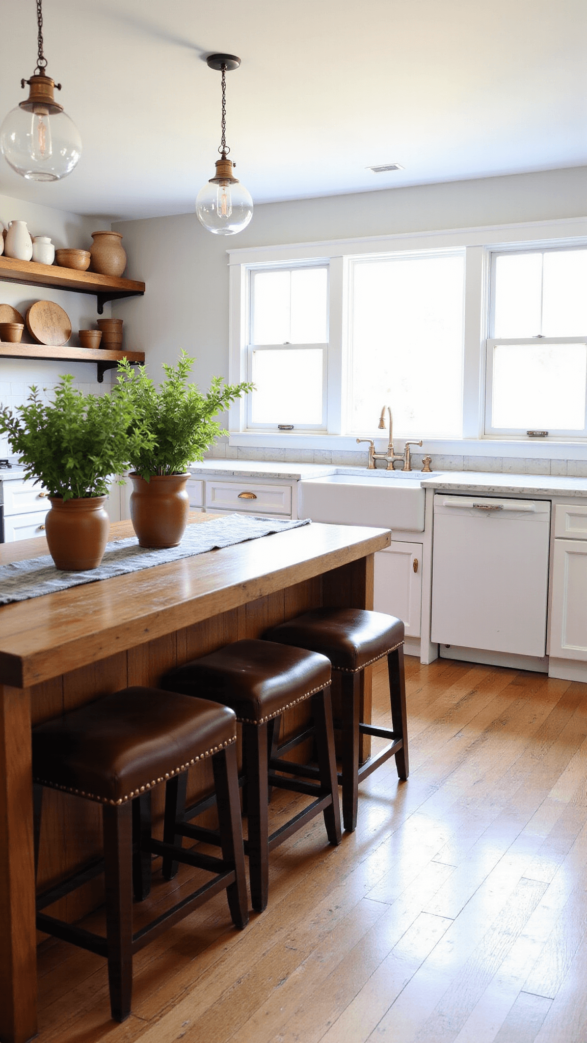 Sun-drenched farmhouse kitchen with white shaker cabinets, marble countertops, vintage brass hardware, and a reclaimed wood island with leather barstools; featuring open shelving, white oak floors, fresh herbs in terracotta pots, and a vintage runner in muted blues.