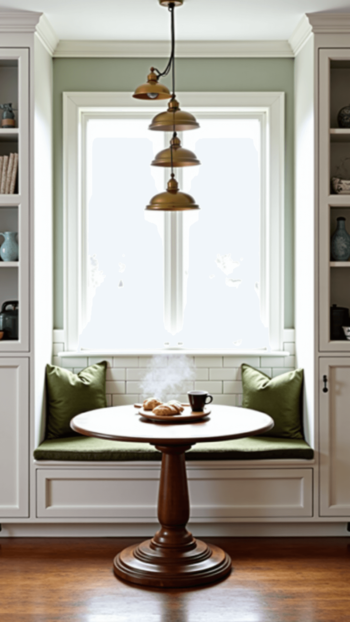 Cozy farmhouse kitchen nook with white cabinetry, sage green window seat, aged brass pendant lights, and breakfast setup on a weathered oak table with steaming coffee and fresh pastries.