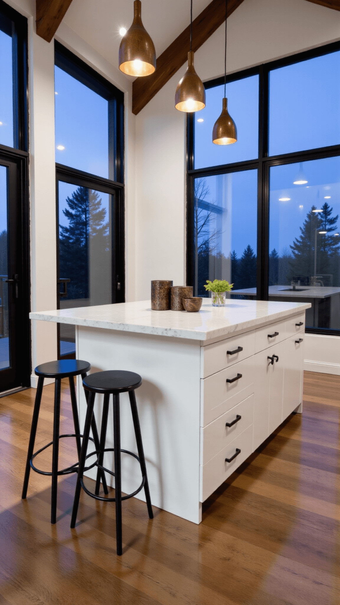 Modern farmhouse kitchen with white cabinets, black windows, wooden beams, and central island under moody evening light