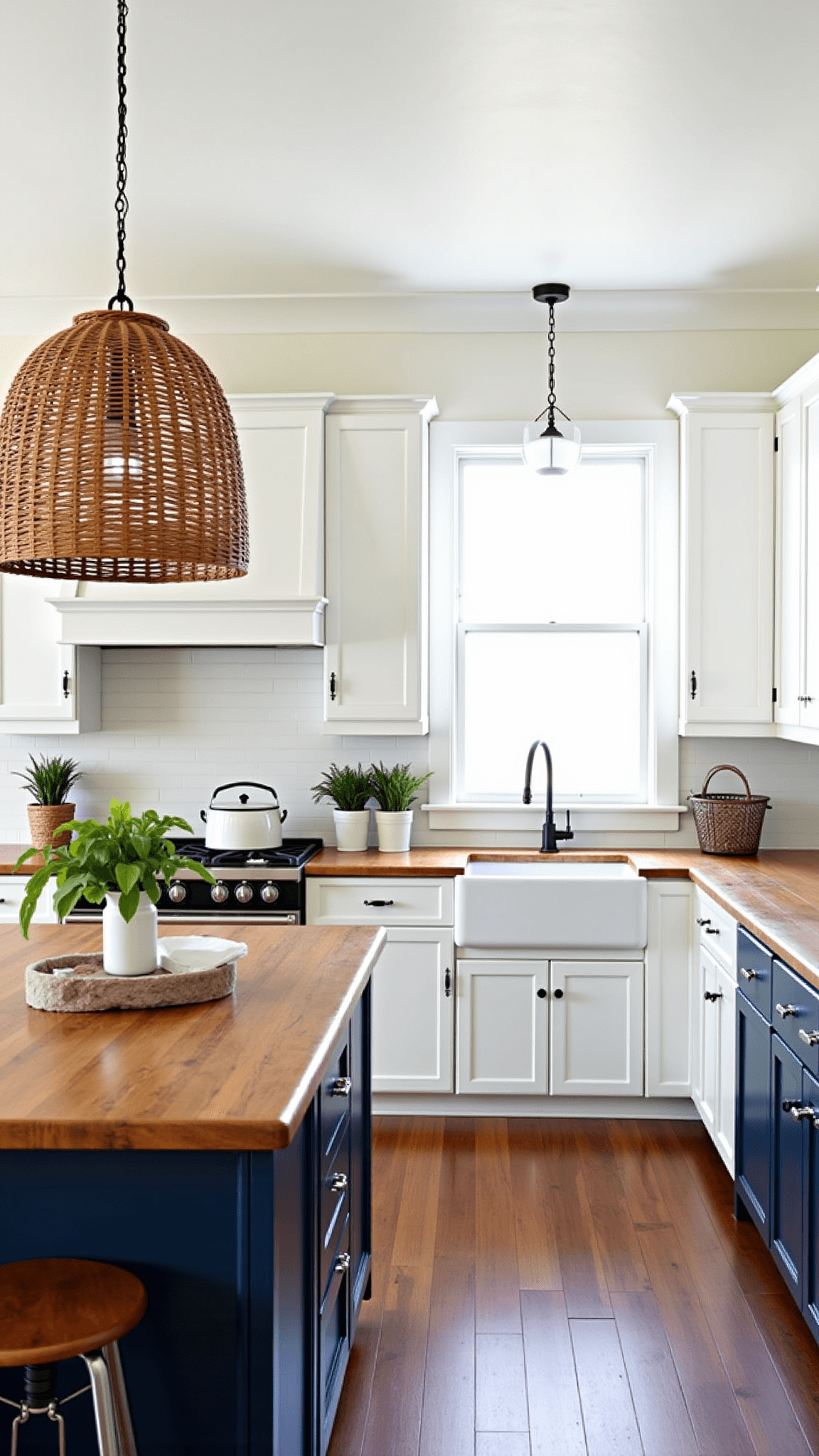 Bright, spacious farmhouse kitchen with white cabinetry, butcher block countertops, navy blue island base, and vintage decor with a woven pendant light casting shadows